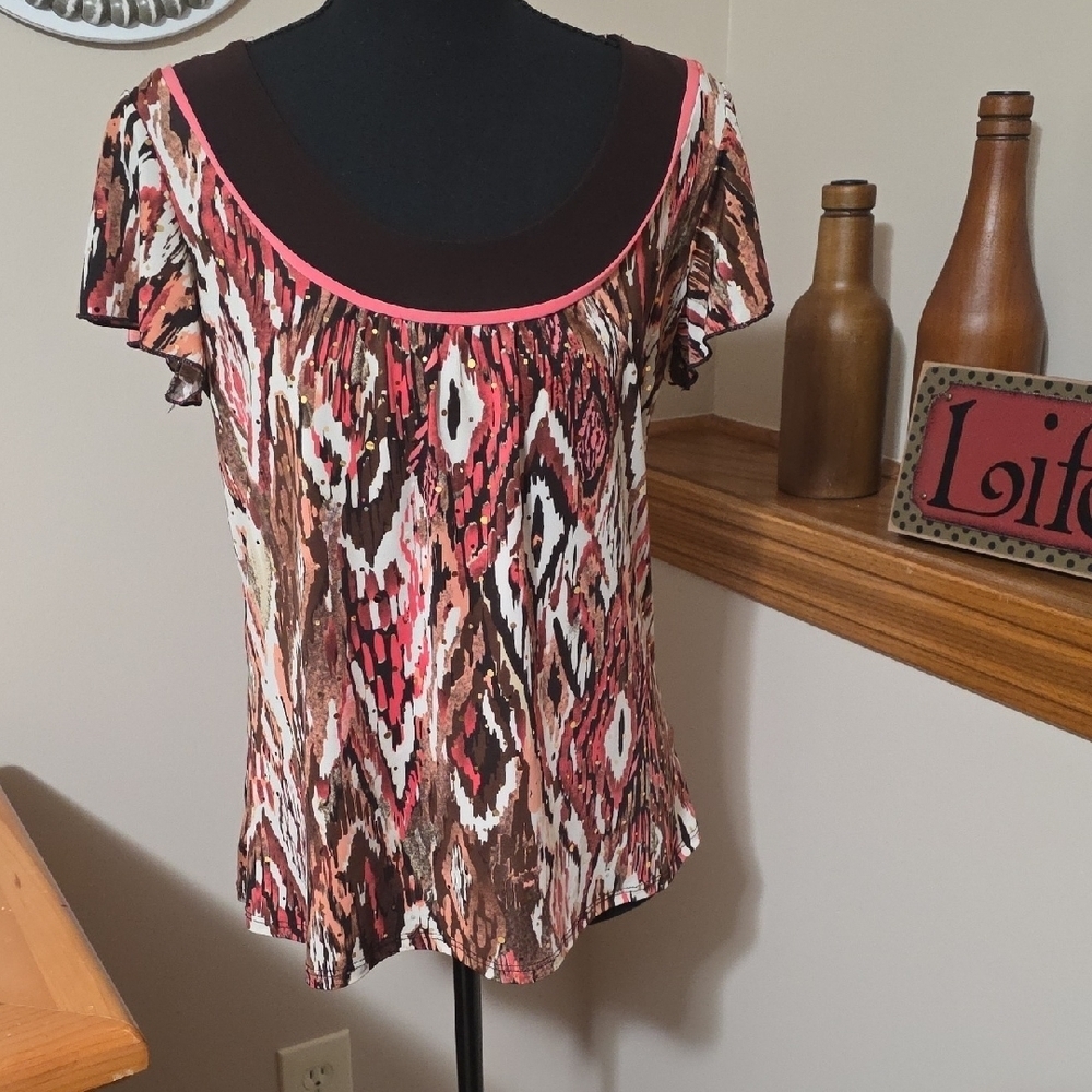 Dressbarn Brown and Pink Patterned Blouse